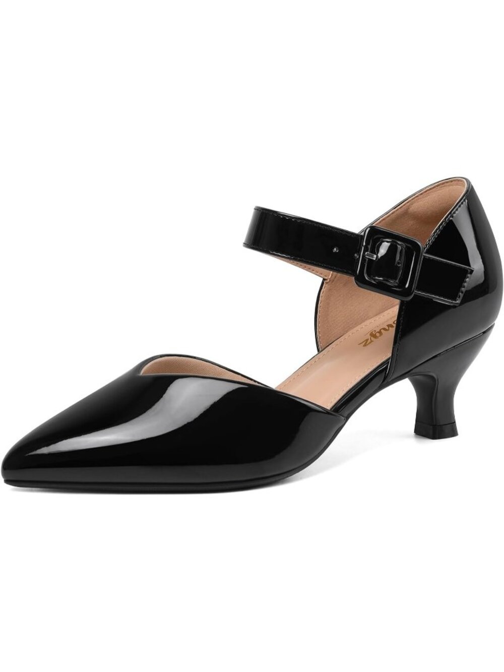 Women's Black Patent Leather Kitten Heels Pointed Toe Ankle Strap Shoes